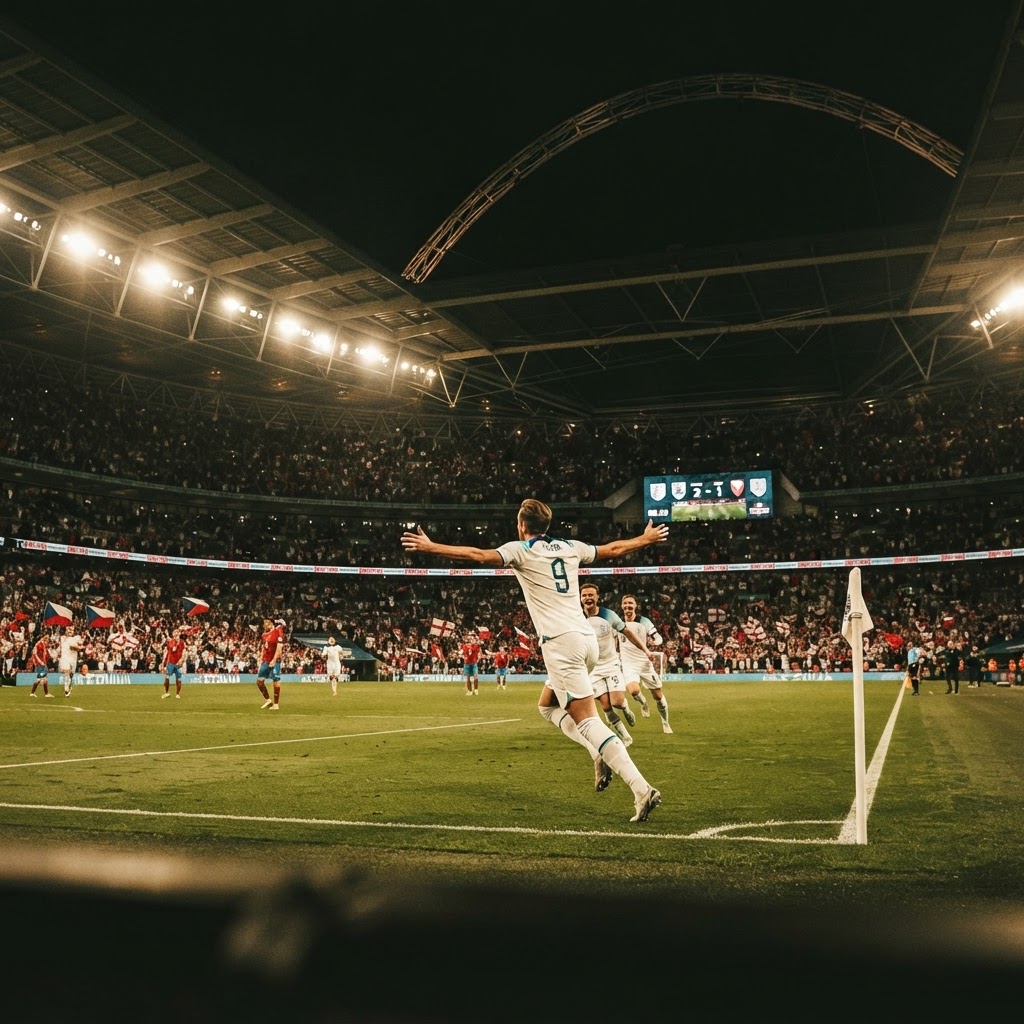 لاعب منتخب إنجلترا يحتفل بهدف في مباراة دولية أمام منتخب التشيك على ملعب ويمبلي